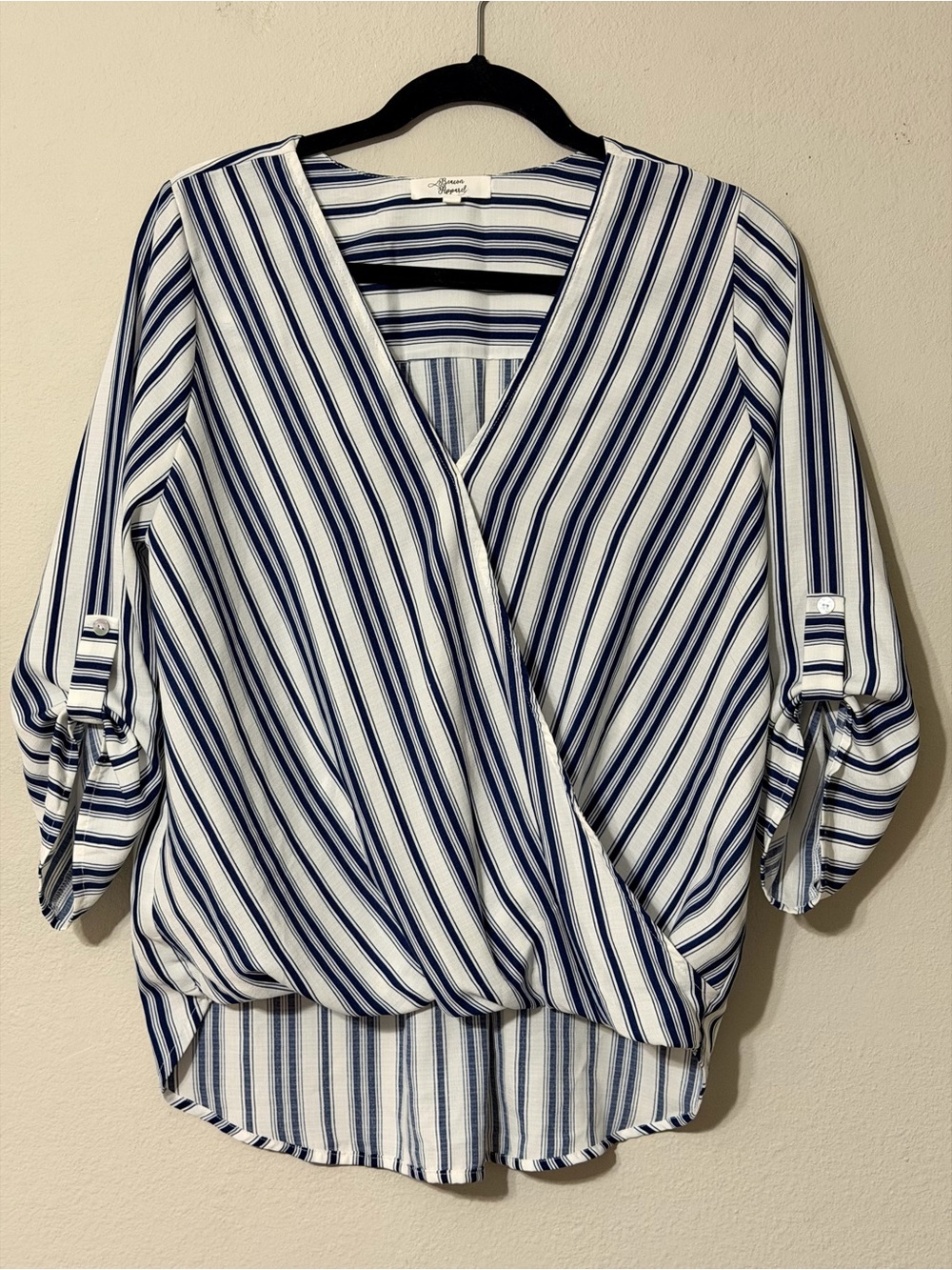 Striped Navy and White Faux-Wrap Blouse with Roll-Tab Sleeves